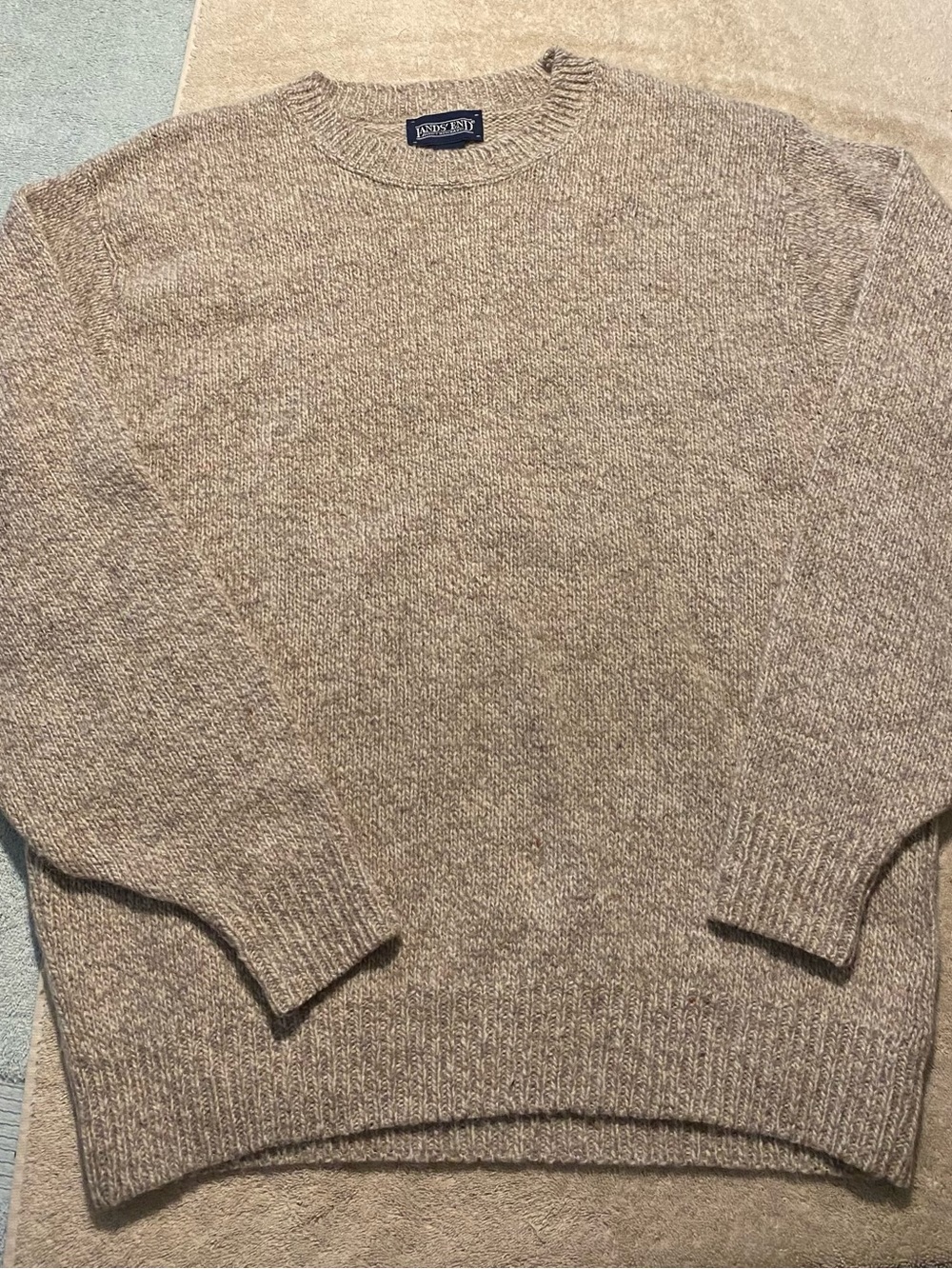 Vintage Lands End Sweater Mens Medium M Tan Wool Blend Henley Button USA Made